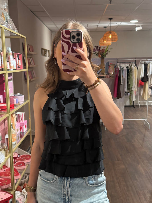 Zwarte top met open rug en ruffles 