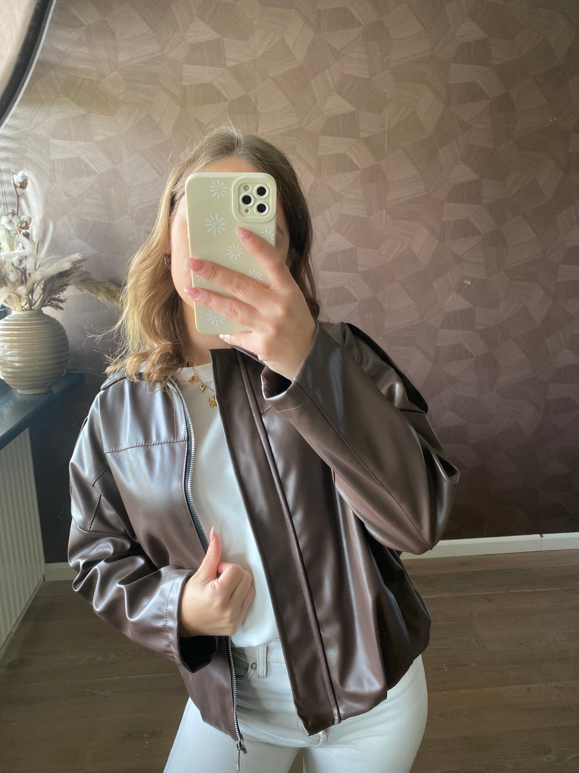 Stoere bruine leren bikerjas voor herfst en winter