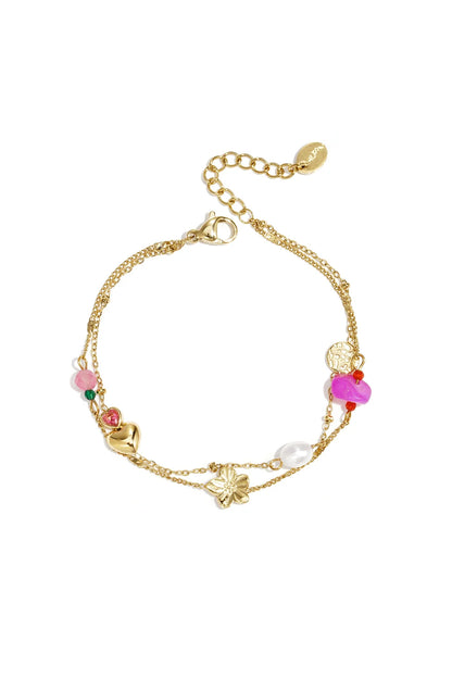 Hart, bloem, parel en kraaltjes bedelarmband goud
