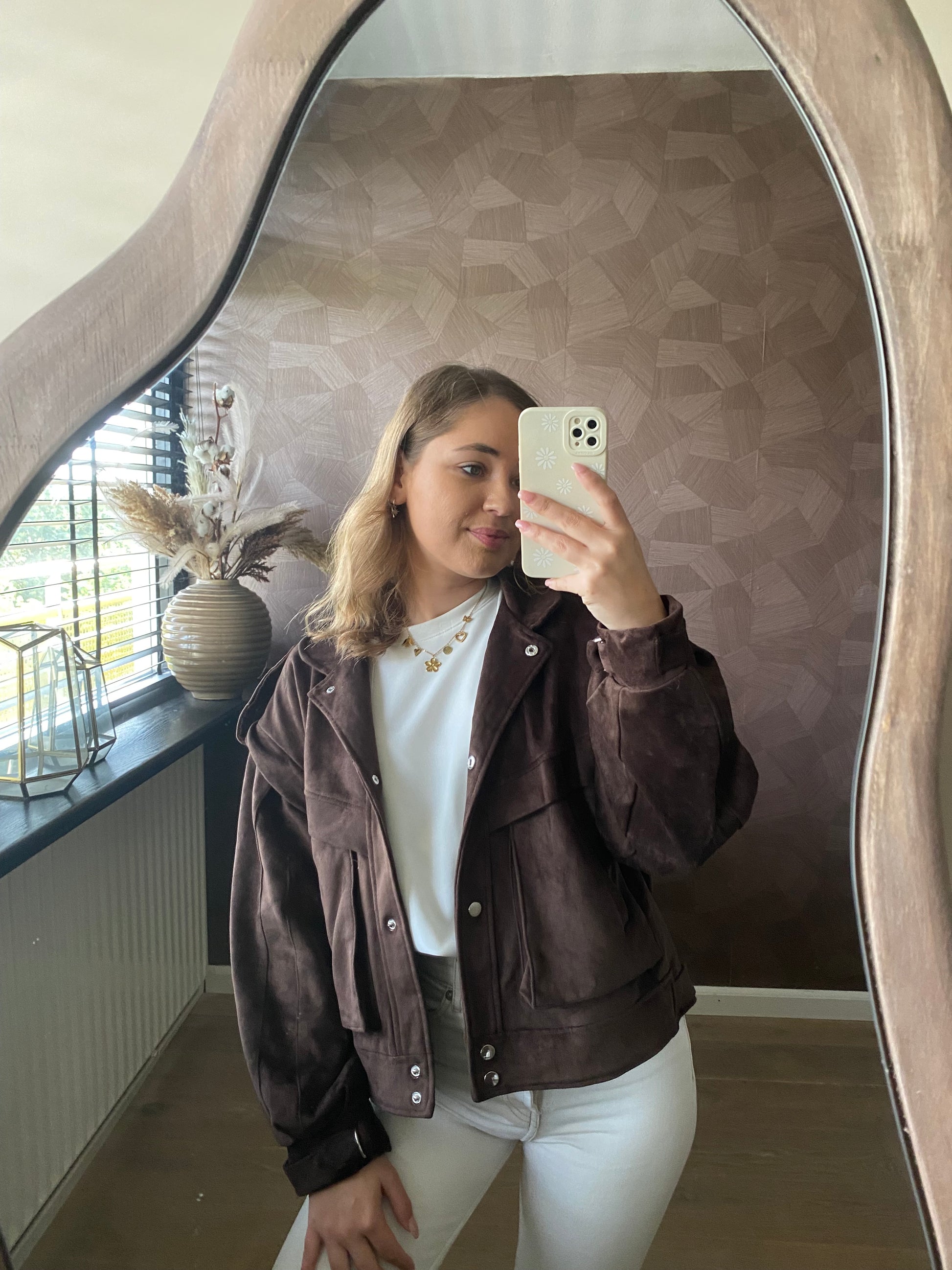 Suède herfstjas in bruin met knoopjes