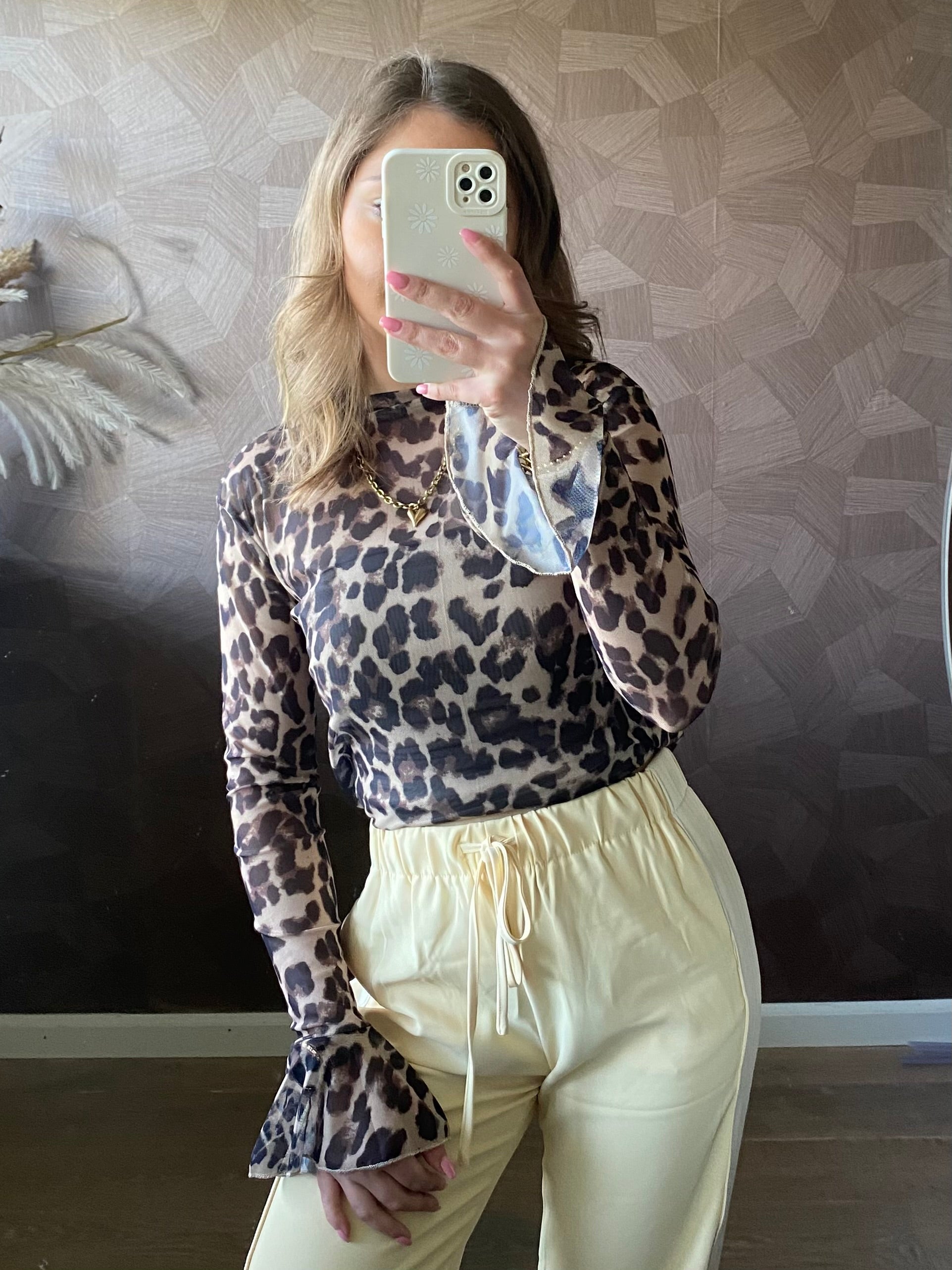 Detail mesh stof met luipaardprint, transparant en stretch materiaal 