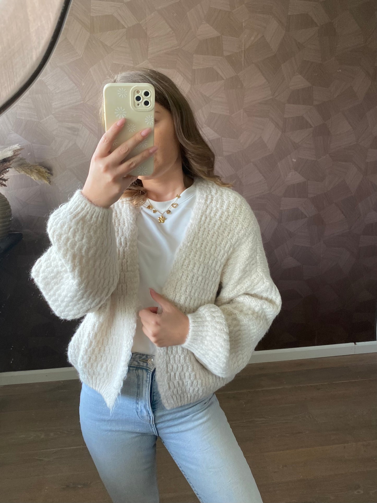 Oversized cardigan vest met ballonmouwen in off-white knit