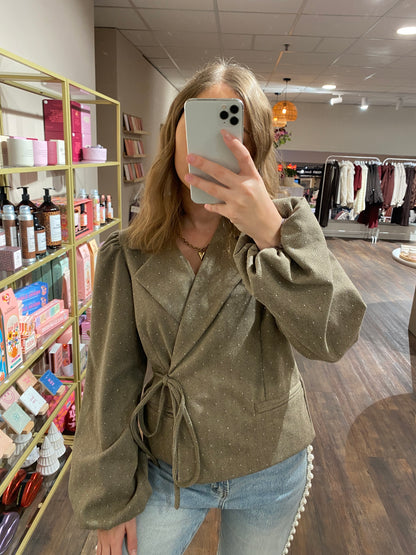 Taupe blazer met visgraatpatroon en strass details, stijlvol en veelzijdig