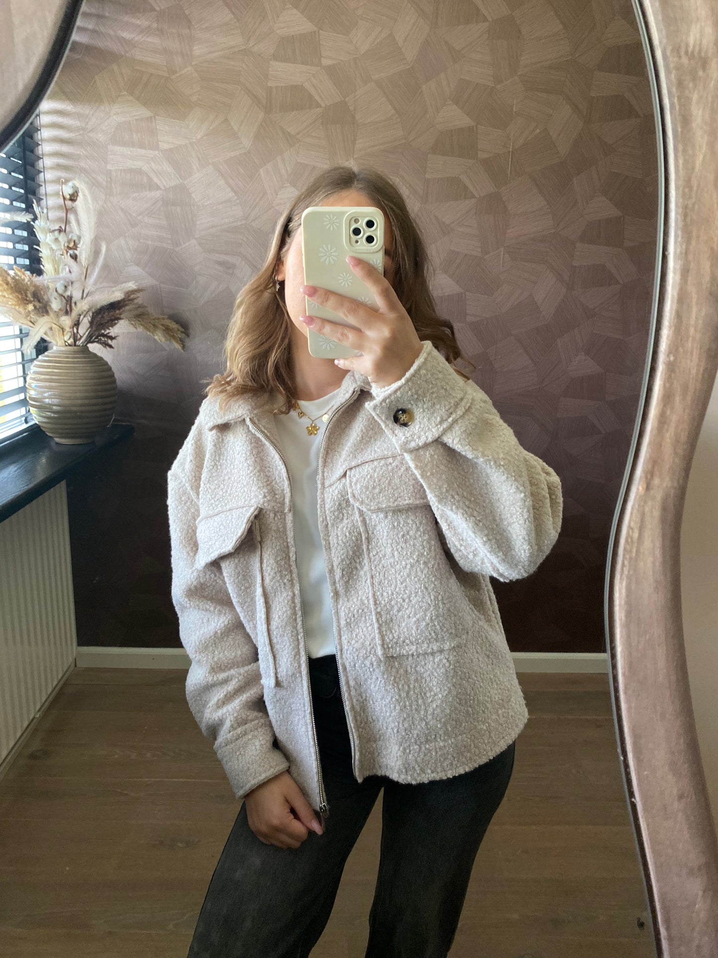 Zachte beige teddy jas met rits, cozy en warm