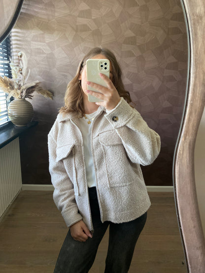 Zachte beige teddy jas met rits, cozy en warm