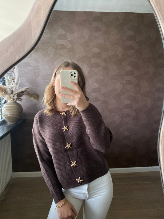 bruin vest met unieke gouden zeesterren knoopjes, speels en chic